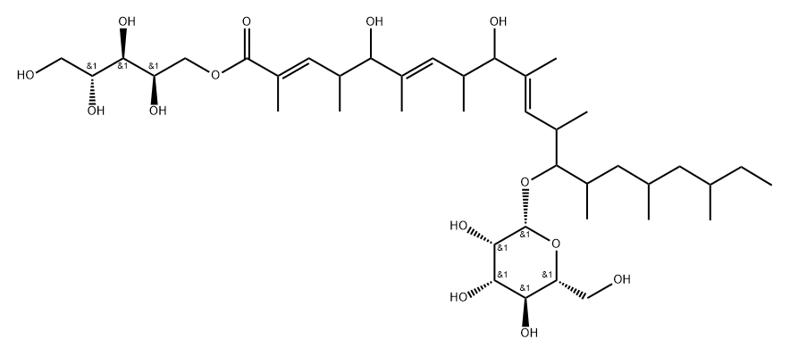 Arabinitol, 1-[(2E,6E,10E)-5,9-dihydroxy-13-(β-D-mannopyranosyloxy)-2,4,6,8,10,12,14,16,18-nonamethyl-2,6,10-eicosatrienoate] Struktur