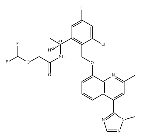 Acetamide, N-[(1S)-1-[3-chloro-5-fluoro-2-[[[2-methyl-4-(1-methyl-1H-1,2,4-triazol-5-yl)-8-quinolinyl]oxy]methyl]phenyl]ethyl-1-d]-2-(difluoromethoxy)- Struktur