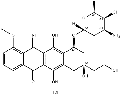 5(8H)-Naphthacenone, 10-[(3-amino-2,3,6-trideoxy-α-L-lyxo-hexopyranosyl)oxy]-7,9,10,12-tetrahydro-6,8,11-trihydroxy-8-(2-hydroxyethyl)-12-imino-1-methoxy-, monohydrochloride, (8R,10S)- (9CI) Struktur