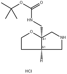 Carbamic acid, N-[[(3aR,6aR)-hexahydro-6aH-furo[2,3-c]pyrrol-6a-yl]methyl]-, 1,1-dimethylethyl ester, hydrochloride (1:1), rel- Struktur