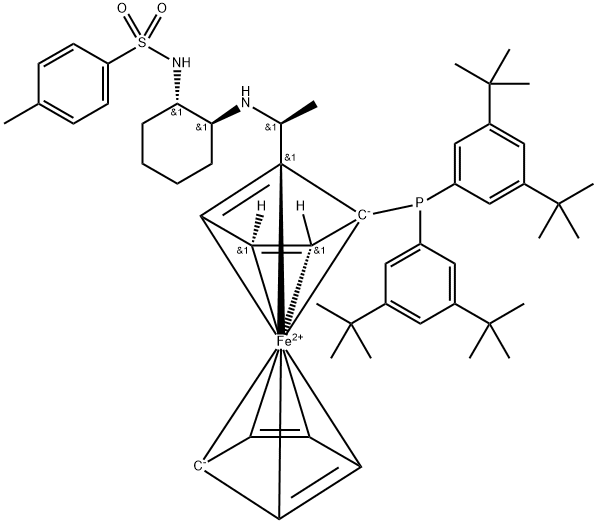 Ferrocene, 1-[bis[3,5-bis(1,1-dimethylethyl)phenyl]phosphino]-2-[(1S)-1-[[(1S,2S)-2-[[(4-methylphenyl)sulfonyl]amino]cyclohexyl]amino]ethyl]-, (1S)- Struktur