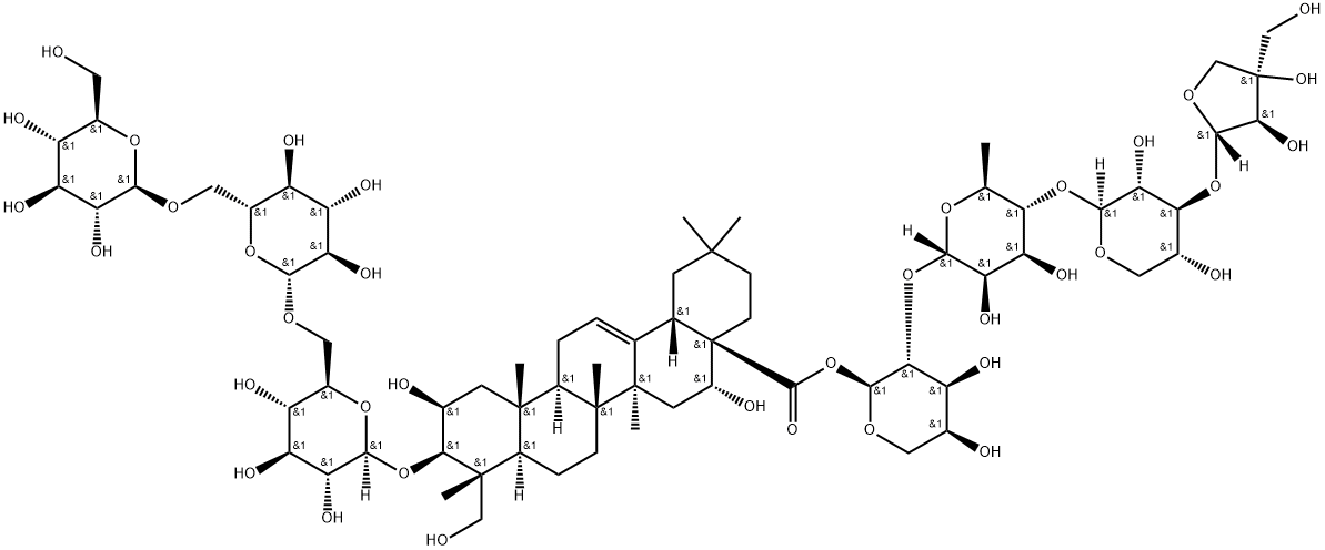 Olean-12-en-28-oic acid, 3-[(O-β-D-glucopyranosyl-(1→6)-O-β-D-glucopyranosyl-(1→6)-β-D-glucopyranosyl)oxy]-2,16,23-trihydroxy-, O-D-apio-β-D-furanosyl-(1→3)-O-β-D-xylopyranosyl-(1→4)-O-6-deoxy-α-L-mannopyranosyl-(1→2)-α-L-arabinopyranosyl ester, (2β,3β,4α,16α)- Struktur