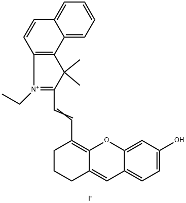 1H-Benz[e]indolium, 2-[2-(2,3-dihydro-6-hydroxy-1H-xanthen-4-yl)ethenyl]-3-ethyl-1,1-dimethyl-, iodide (1:1) Struktur