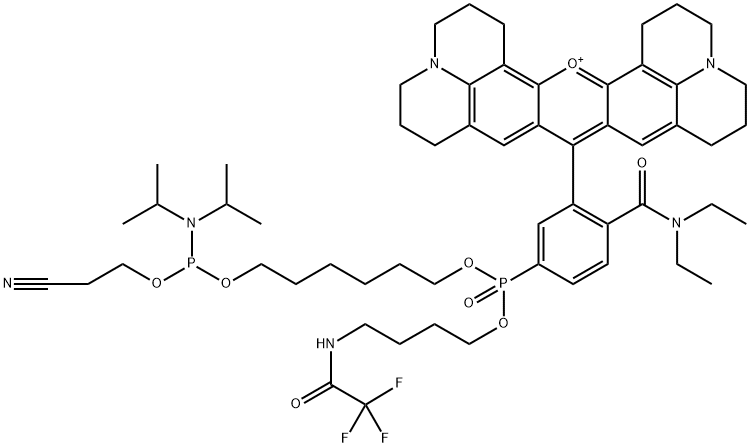 1H,5H,11H,15H-Xantheno[2,3,4-ij:5,6,7-i'j']diquinolizin-18-ium, 9-[5-[10-[bis(1-methylethyl)amino]-13-cyano-1-oxido-1-[4-[(2,2,2-trifluoroacetyl)amino]butoxy]-2,9,11-trioxa-1,10-diphosphatridec-1-yl]-2-[(diethylamino)carbonyl]phenyl]-2,3,6,7,12,13,16,17-octahydro- Struktur