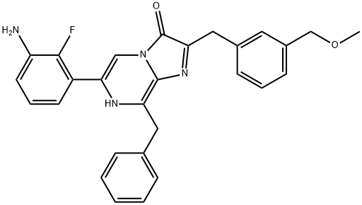 Imidazo[1,2-a]pyrazin-3(7H)-one,6-(3-amino-2-fluorophenyl)-2-[[3-(methoxymethyl)phenyl]methyl]-8-(phenylmethyl)- Struktur