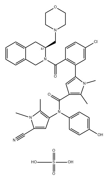 1H-Pyrrole-3-carboxamide, 5-[5-chloro-2-[[(3S)-3,4-dihydro-3-(4-morpholinylmethyl)-2(1H)-isoquinolinyl]carbonyl]phenyl]-N-(5-cyano-1,2-dimethyl-1H-pyrrol-3-yl)-N-(4-hydroxyphenyl)-1,2-dimethyl-, compd. with sulfurate (1:1) Struktur