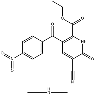 2-Pyridinecarboxylic acid, 5-cyano-1,6-dihydro-3-(4-nitrobenzoyl)-6-oxo-, ethyl ester, compd. with N-methylmethanamine (1:1) Struktur