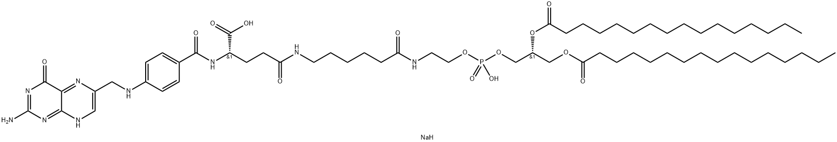 16,18,22-Trioxa-6,13-diaza-17-phosphaoctatriacontanoic acid, 2-[[4-[[(2-amino-3,4-dihydro-4-oxo-6-pteridinyl)methyl]amino]benzoyl]amino]-17-hydroxy-5,12,23-trioxo-20-[(1-oxohexadecyl)oxy]-, 17-oxide, sodium salt (1:2), (2S,20R)- Struktur