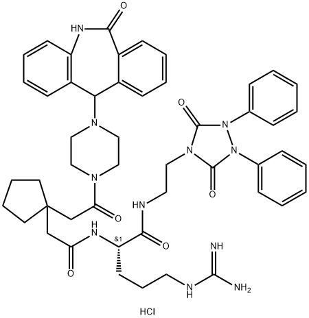 Cyclopentaneacetamide, N-[(1S)-4-[(aminoiminomethyl)amino]-1-[[[2-(3,5-dioxo-1,2-diphenyl-1,2,4-triazolidin-4-yl)ethyl]amino]carbonyl]butyl]-1-[2-[4-(6,11-dihydro-6-oxo-5H-dibenz[b,e]azepin-11-yl)-1-piperazinyl]-2-oxoethyl]-, hydrochloride (1:2) Struktur