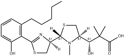 4-Thiazolidinepropanoic acid, 2-[(4R)-4,5-dihydro-2-(2-hydroxy-6-pentylphenyl)-4-thiazolyl]-β-hydroxy-α,α,3-trimethyl-, (βS,2S,4R)-rel-(-)- Struktur