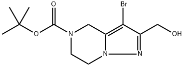 3-Bromo-2-hydroxymethyl-6,7-dihydro-4H-pyrazolo[1,5-a]pyrazine-5-carboxylic acid tert-butyl ester Struktur