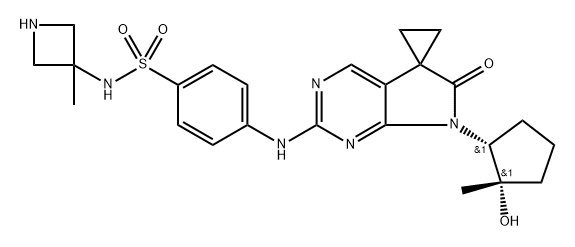 Benzenesulfonamide, 4-[[7'-[(1R,2S)-2-hydroxy-2-methylcyclopentyl]-6'-oxospiro[cyclopropane-1,5'-[5H]pyrrolo[2,3-d]pyrimidine]-2'(7'H)-yl]amino]-N-(3-methyl-3-azetidinyl)-, rel- Struktur