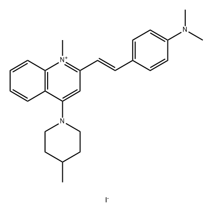 Quinolinium, 2-[(1E)-2-[4-(dimethylamino)phenyl]ethenyl]-1-methyl-4-(4-methyl-1-piperidinyl)-, iodide (1:1) Struktur