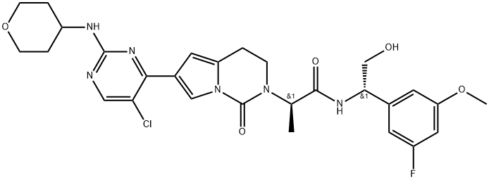 Pyrrolo[1,2-c]pyrimidine-2(1H)-acetamide, 6-[5-chloro-2-[(tetrahydro-2H-pyran-4-yl)amino]-4-pyrimidinyl]-N-[(1S)-1-(3-fluoro-5-methoxyphenyl)-2-hydroxyethyl]-3,4-dihydro-α-methyl-1-oxo-, (αR)- Struktur