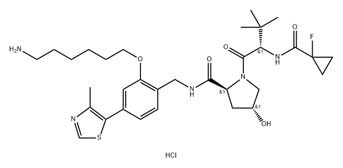 L-Prolinamide, N-[(1-fluorocyclopropyl)carbonyl]-3-methyl-L-valyl-N-[[2-[(6-aminohexyl)oxy]-4-(4-methyl-5-thiazolyl)phenyl]methyl]-4-hydroxy-, hydrochloride (1:2), (4R)- Struktur