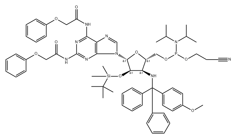 Adenosine, 3'-?deoxy-?2'-?O-?[(1,?1-?dimethylethyl)?dimethylsilyl]?-?3'-?[[(4-?methoxyphenyl)?diphenylmethyl]?amino]?-?N-?(2-?phenoxyacetyl)?-?2-?[(2-?phenoxyacetyl)?amino]?-?, 5'-?[2-?cyanoethyl N,?N-?bis(1-?methylethyl)?phosphoramidite] Struktur