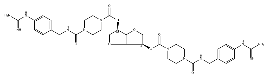 D-threo-Hexitol, 1,4:3,6-dianhydro-, bis[4-[[[[4-[(aminoiminomethyl)amino]phenyl]methyl]amino]carbonyl]-1-piperazinecarboxylate], (3ξ,4ξ)- (9CI) Struktur