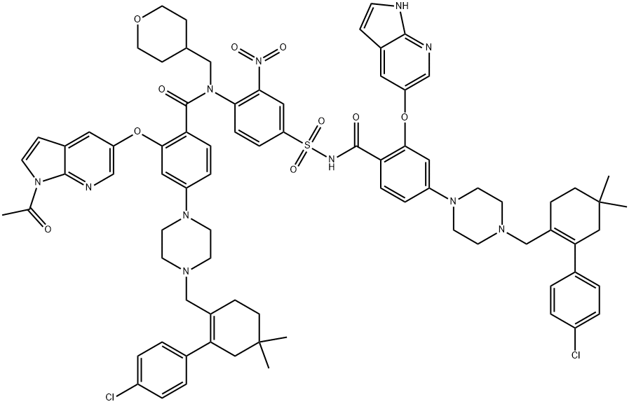 Benzamide, 2-[(1-acetyl-1H-pyrrolo[2,3-b]pyridin-5-yl)oxy]-4-[4-[[2-(4-chlorophenyl)-4,4-dimethyl-1-cyclohexen-1-yl]methyl]-1-piperazinyl]-N-[4-[[[4-[4-[[2-(4-chlorophenyl)-4,4-dimethyl-1-cyclohexen-1-yl]methyl]-1-piperazinyl]-2-(1H-pyrrolo[2,3-b]pyridin-5-yloxy)benzoyl]amino]sulfonyl]-2-nitrophenyl]-N-[(tetrahydro-2H-pyran-4-yl)methyl]- Struktur