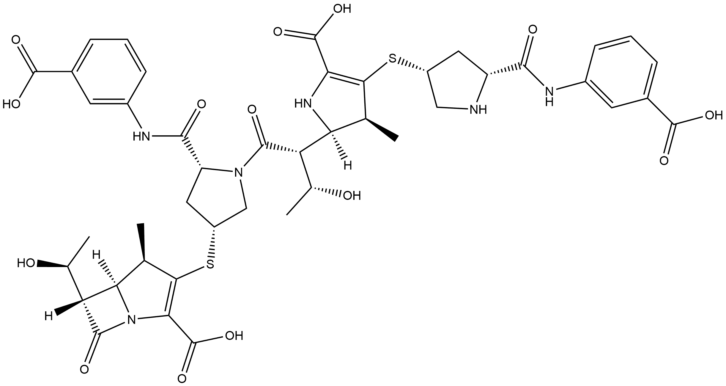 1-Azabicyclo[3.2.0]hept-2-ene-2-carboxylic acid, 3-[[(3R,5R)-1-[(2R,3R)-2-[(2R,3S)-5-carboxy-4-[[(3R,5R)-5-[[(3-carboxyphenyl)amino]carbonyl]-3-pyrrolidinyl]thio]-2,3-dihydro-3-methyl-1H-pyrrol-2-yl]-3-hydroxy-1-oxobutyl]-5-[[(3-carboxyphenyl)amino]carbonyl]-3-pyrrolidinyl]thio]-6-[(1S)-1-hydroxyethyl]-4-methyl-7-oxo-, (4R,5S,6S)- Struktur