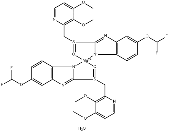 Magnesium bis-[5-(difluoromethoxy)-2-[[(3,4-dimethoxy-2-pyridinyl)methyl]-sulfinyl]-1H-benzimidazolide] dehydrate Struktur