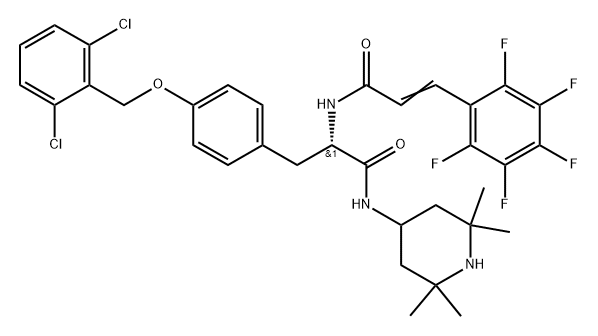 Benzenepropanamide, 4-[(2,6-dichlorophenyl)methoxy]-α-[[1-oxo-3-(2,3,4,5,6-pentafluorophenyl)-2-propen-1-yl]amino]-N-(2,2,6,6-tetramethyl-4-piperidinyl)-, (αS)- Struktur