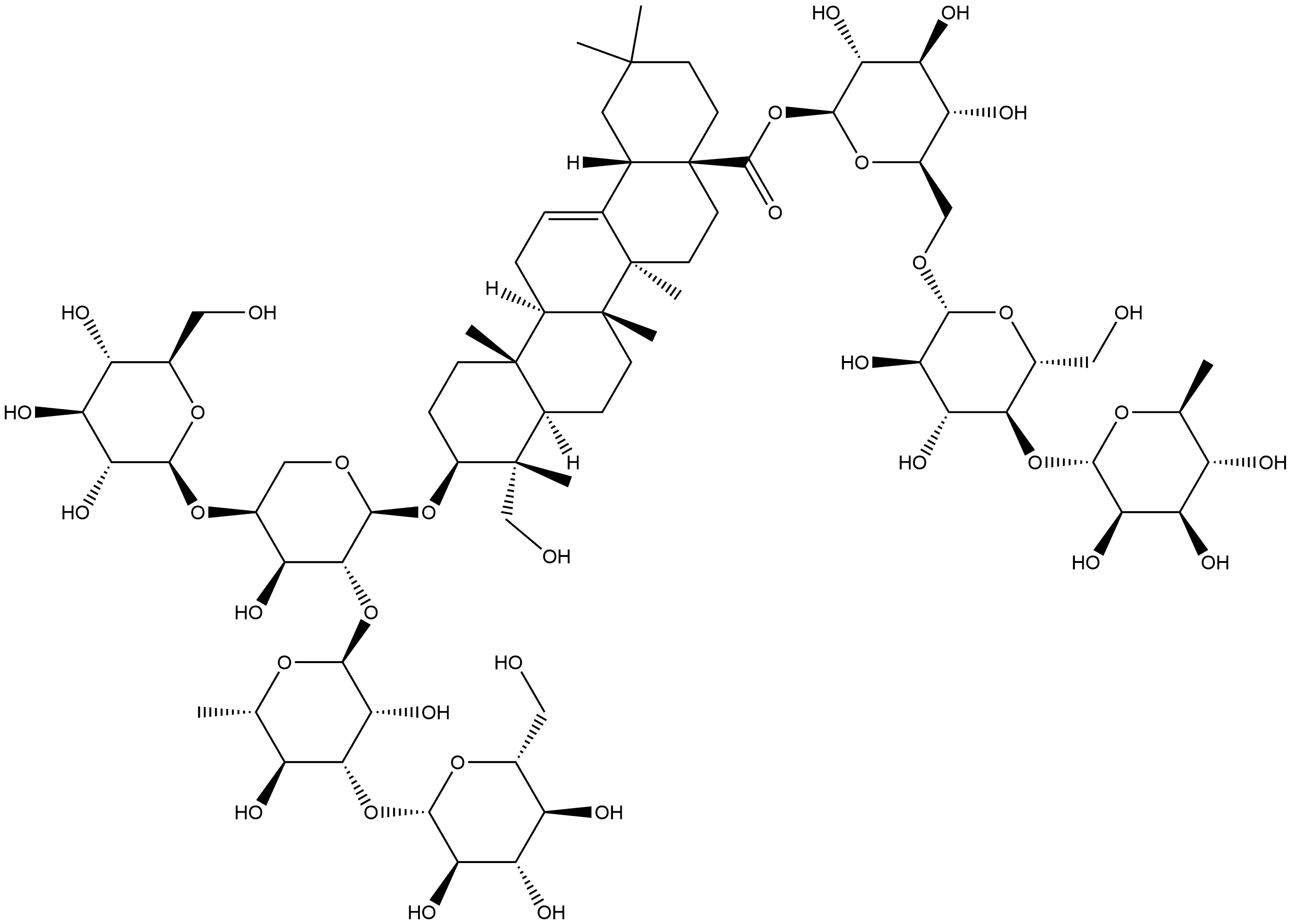 Olean-12-en-28-oic acid, 3-[(O-β-D-glucopyranosyl-(1→4)-O-[O-β-D-glucopyranosyl-(1→3)-6-deoxy-α-L-mannopyranosyl-(1→2)]-α-L-arabinopyranosyl)oxy]-23-hydroxy-, O-6-deoxy-α-L-mannopyranosyl-(1→4)-O-β-D-glucopyranosyl-(1→6)-β-D-glucopyranosyl ester, (3β,4α)- Struktur