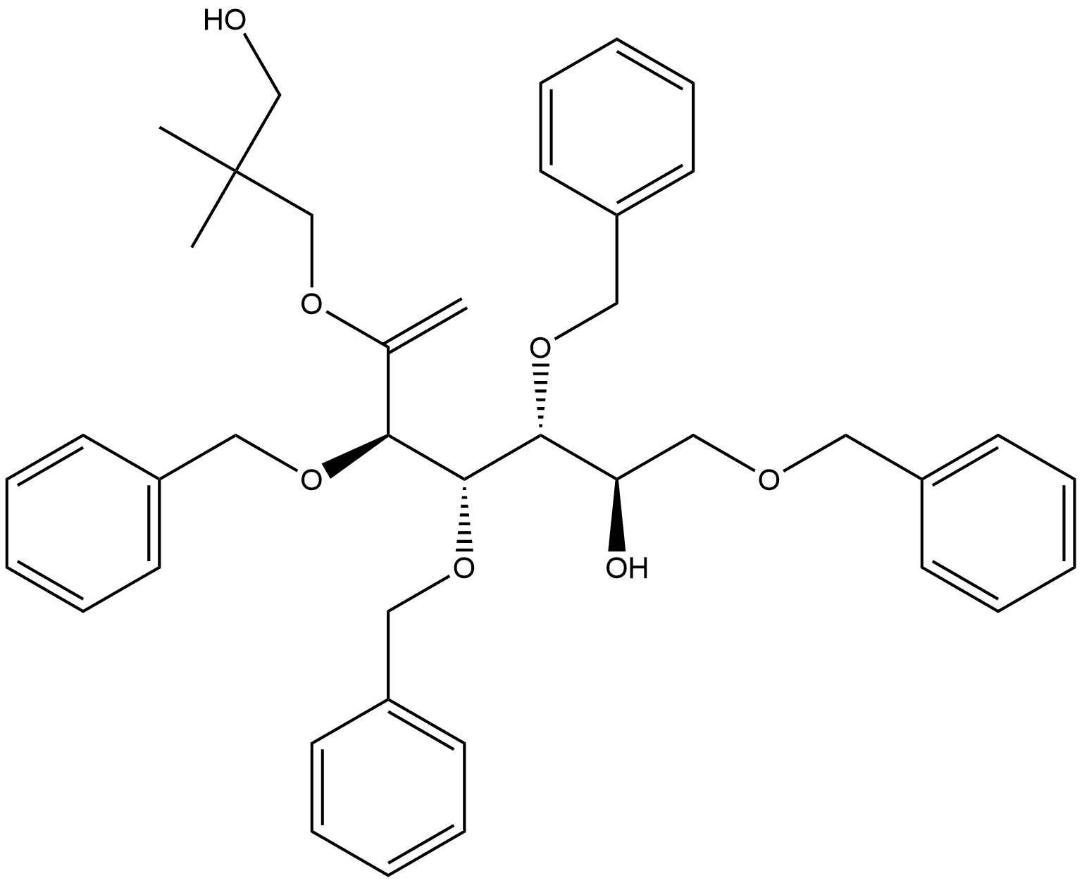 D-?gluco-?Hept-?1-?enitol, 1-?deoxy-?2-?O-?(3-?hydroxy-?2,?2-?dimethylpropyl)?-?3,?4,?5,?7-?tetrakis-?O-?(phenylmethyl)?- Struktur