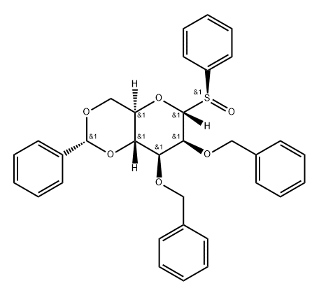 a-D-Mannopyranose, 1-deoxy-2,3-bis-O-(phenylMethyl)-4,6-O-[(R)-phenylMethylene]-1-[(S)-phenylsulfinyl]- Struktur