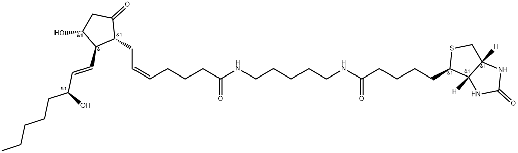 1H-Thieno[3,4-d]imidazole-4-pentanamide, N-[5-[[(5Z,11α,13E,15S)-11,15-dihydroxy-1,9-dioxoprosta-5,13-dien-1-yl]amino]pentyl]hexahydro-2-oxo-, (3aS,4R,6aS)- Struktur