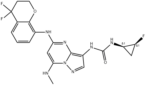 Urea,N-[5-[(4,4-difluoro-3,4-dihydro-2H-1-benzopyran-8-yl)amino]-7-(methylamino)pyrazolo[1,5-a]pyrimidin-3-yl]-N'-[(1R,2S)-2-fluorocyclopropyl]- Struktur