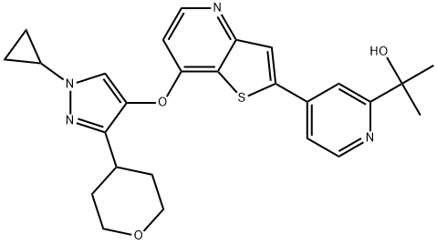 2-Pyridinemethanol, 4-[7-[[1-cyclopropyl-3-(tetrahydro-2H-pyran-4-yl)-1H-pyrazol-4-yl]oxy]thieno[3,2-b]pyridin-2-yl]-α,α-dimethyl- Struktur