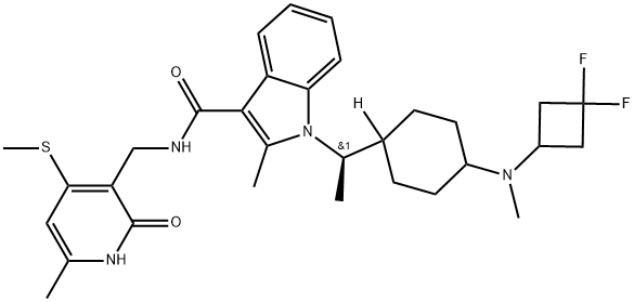 1H-Indole-3-carboxamide, 1-[(1R)-1-[4-[(3,3-difluorocyclobutyl)methylamino]cyclohexyl]ethyl]-N-[[1,2-dihydro-6-methyl-4-(methylthio)-2-oxo-3-pyridinyl]methyl]-2-methyl- Struktur