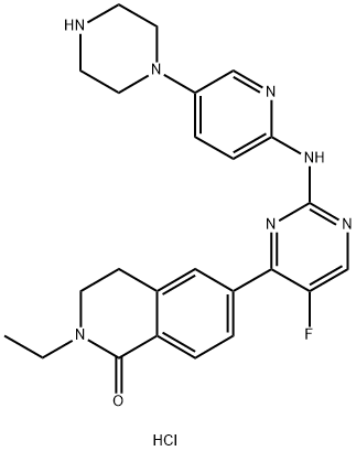 1(2H)-Isoquinolinone, 2-ethyl-6-[5-fluoro-2-[[5-(1-piperazinyl)-2-pyridinyl]amino]-4-pyrimidinyl]-3,4-dihydro-, hydrochloride (1:1) Struktur