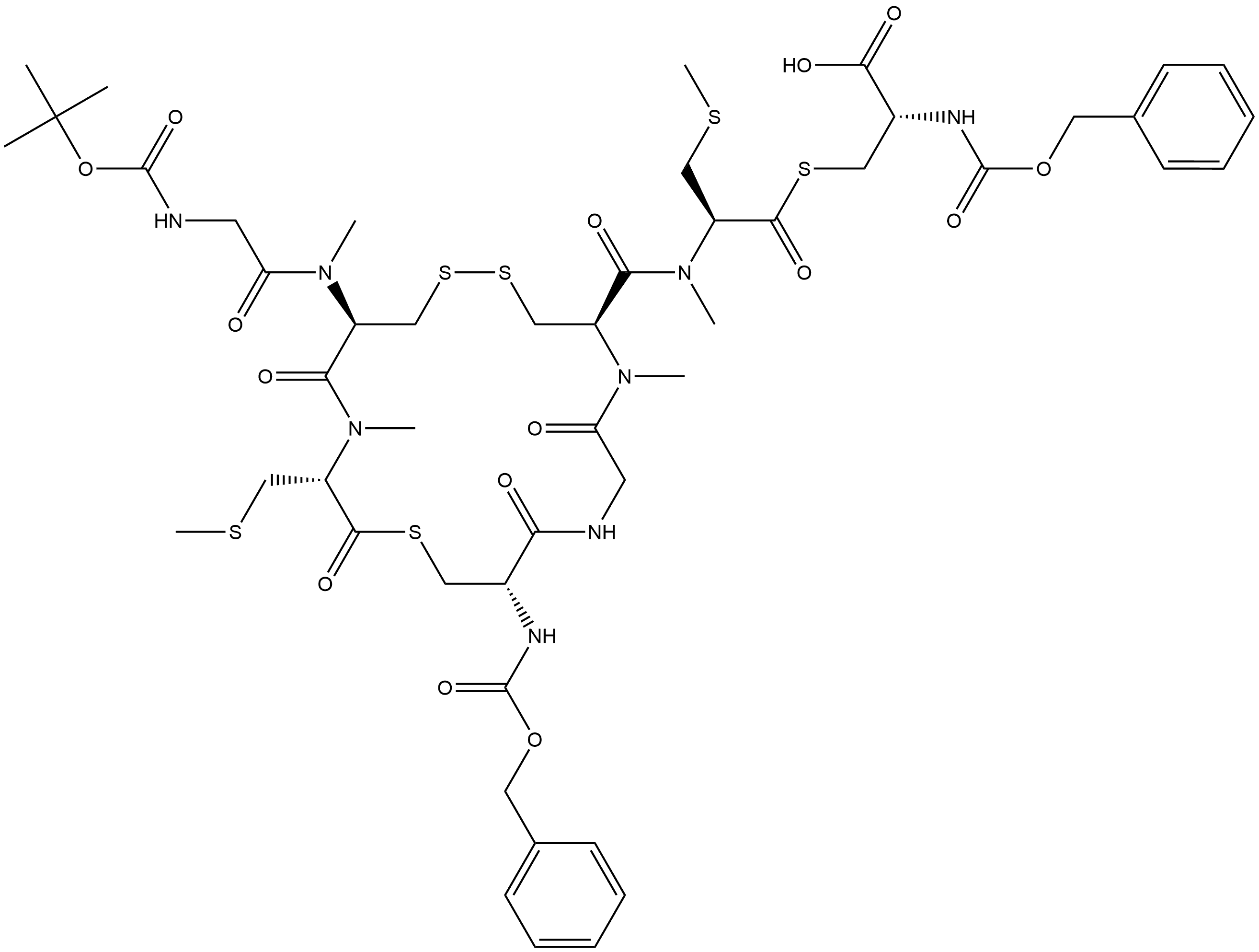 L-Cysteine, S-[N-[(1,1-dimethylethoxy)carbonyl]glycyl-N-methyl-L-cysteinyl-N,S-dimethyl-L-cysteinyl]-N-[(phenylmethoxy)carbonyl]-D-cysteinylglycyl-N-methyl-L-cysteinyl-N,S-dimethylthio-, S-ester with N-[(phenylmethoxy)carbonyl]-D-cysteine, cyclic (2→6)-disulfide (9CI) Struktur