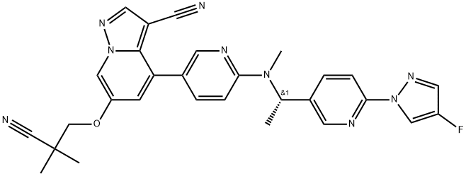 Pyrazolo[1,5-a]pyridine-3-carbonitrile, 6-(2-cyano-2-methylpropoxy)-4-[6-[[(1S)-1-[6-(4-fluoro-1H-pyrazol-1-yl)-3-pyridinyl]ethyl]methylamino]-3-pyridinyl]- Struktur