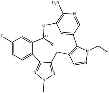 7H-8,12-Metheno-4H-pyrazolo[3,4-h]-1,2,3-triazolo[4,5-k][2,5]benzoxaazacyclotetradecin-11-amine, 7-ethyl-16-fluoro-2,14-dihydro-2,14-dimethyl-, (14R)- Struktur