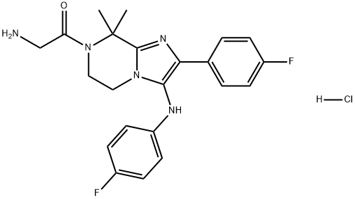 Ethanone, 2-amino-1-[2-(4-fluorophenyl)-3-[(4-fluorophenyl)amino]-5,6-dihydro-8,8-dimethylimidazo[1,2-a]pyrazin-7(8H)-yl]-, hydrochloride (1:1) Struktur