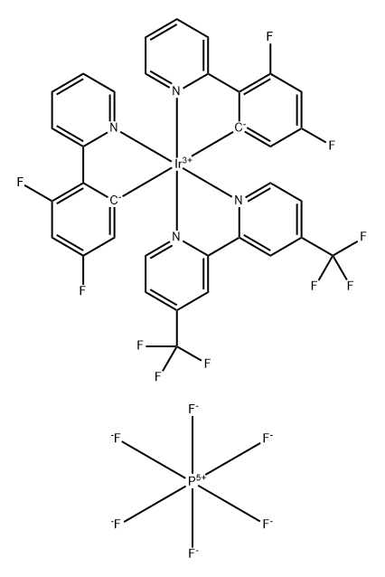 Iridium(1+), [4,4'-bis(trifluoromethyl)-2,2'-bipyridine-κN1,κN1']bis[3,5-difluoro-2-(2-pyridinyl-κN)phenyl-κC]-, (OC-6-33)-, hexafluorophosphate(1-) (1:1) Struktur