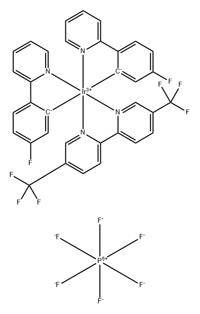 Iridium(1+), [5,5'-bis(trifluoromethyl)-2,2'-bipyridine-κN1,κN1']bis[5-fluoro-2-(2-pyridinyl-κN)phenyl-κC]-, (OC-6-33)-, hexafluorophosphate(1-) (1:1) Struktur