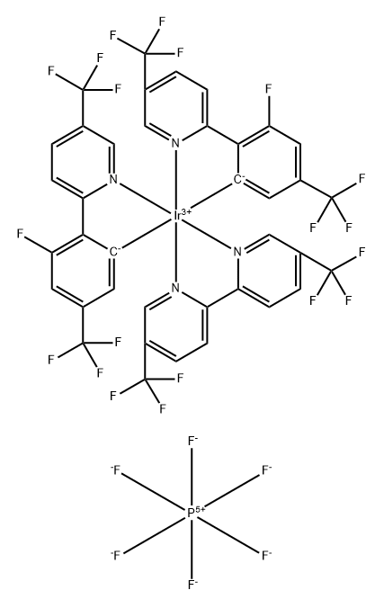 Iridium(1+), [5,5'-bis(trifluoromethyl)-2,2'-bipyridine-κN1,κN1']bis[3-fluoro-5-(trifluoromethyl)-2-[5-(trifluoromethyl)-2-pyridinyl-κN]phenyl-κC]-, (OC-6-33)-, hexafluorophosphate(1-) (1:1) Struktur