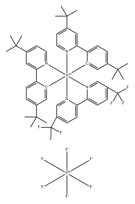 Iridium(1+), [5,5'-bis(trifluoromethyl)-2,2'-bipyridine-κN1,κN1']bis[5-(1,1-dimethylethyl)-2-[4-(1,1-dimethylethyl)-2-pyridinyl-κN]phenyl-κC]-, (OC-6-33)-, hexafluorophosphate(1-) (1:1) Struktur