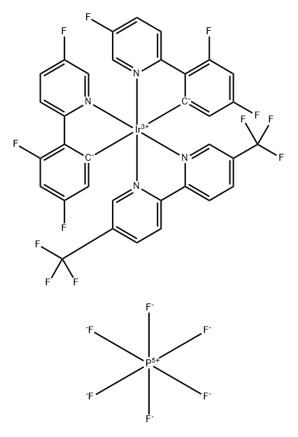 Iridium(1+), [5,5'-bis(trifluoromethyl)-2,2'-bipyridine-κN1,κN1']bis[3,5-difluoro-2-(5-fluoro-2-pyridinyl-κN)phenyl-κC]-, (OC-6-33)-, hexafluorophosphate(1-) (1:1) Struktur