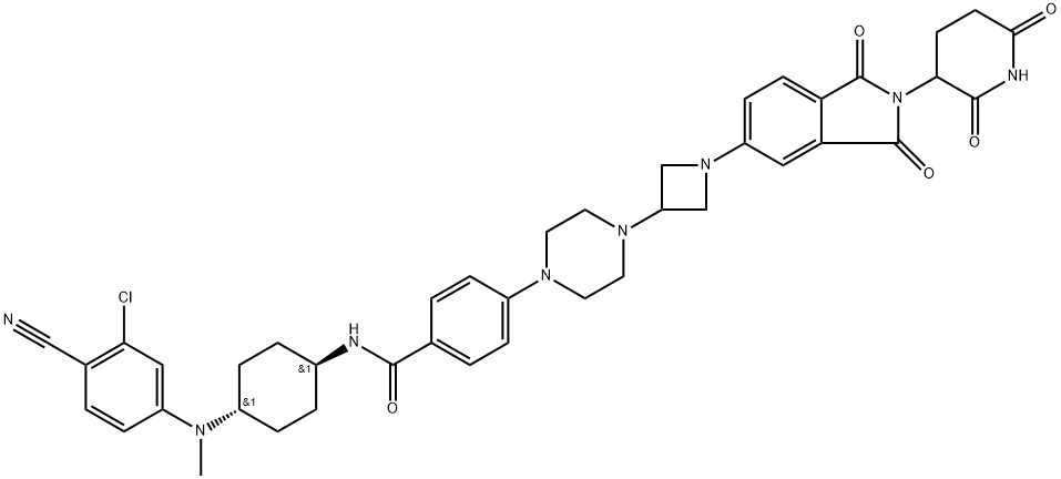 Benzamide, N-[trans-4-[(3-chloro-4-cyanophenyl)methylamino]cyclohexyl]-4-[4-[1-[2-(2,6-dioxo-3-piperidinyl)-2,3-dihydro-1,3-dioxo-1H-isoindol-5-yl]-3-azetidinyl]-1-piperazinyl]- Struktur