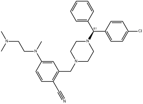 Benzonitrile, 2-[[4-[(S)-(4-chlorophenyl)phenylmethyl]-1-piperazinyl]methyl]-4-[[2-(dimethylamino)ethyl]methylamino]- Struktur