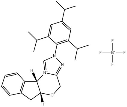 4H,6H-Indeno[2,1-b][1,2,4]triazolo[4,3-d][1,4]oxazin-11-ium, 2,5a,10b-trihydro-2-[2,4,6-tris(1-methylethyl)phenyl]-, (5aR,10bS)-, tetrafluoroborate(1-) (1:1) Struktur