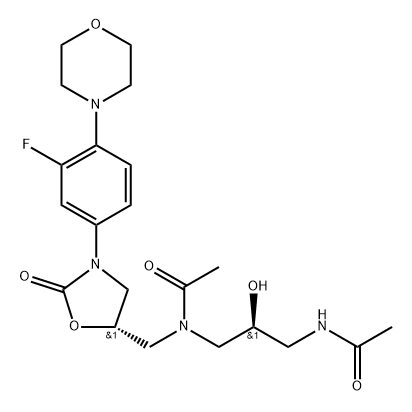 Acetamide, N-[(2S)-3-(acetylamino)-2-hydroxypropyl]-N-[[(5S)-3-[3-fluoro-4-(4-morpholinyl)phenyl]-2-oxo-5-oxazolidinyl]methyl]- Struktur