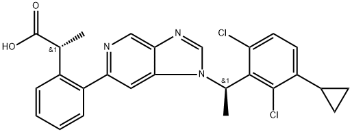 Benzeneacetic acid, 2-[1-[(1R)-1-(2,6-dichloro-3-cyclopropylphenyl)ethyl]-1H-imidazo[4,5-c]pyridin-6-yl]-α-methyl-, (αR)- Struktur