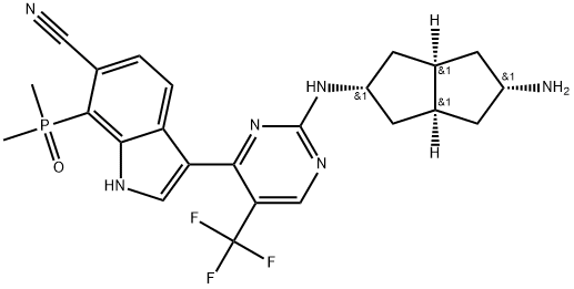 1H-Indole-6-carbonitrile, 3-[2-[[(2α,3aS,5α,6aR)-5-aminooctahydro-2-pentalenyl]amino]-5-(trifluoromethyl)-4-pyrimidinyl]-7-(dimethylphosphinyl)-, rel- Struktur