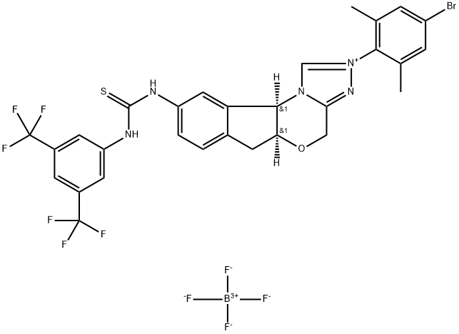 4H,6H-Indeno[2,1-b][1,2,4]triazolo[4,3-d][1,4]oxazinium, 9-[[[[3,5-bis(trifluoromethyl)phenyl]amino]thioxomethyl]amino]-2-(4-bromo-2,6-dimethylphenyl)-5a,10b-dihydro-, (5aS,10bR)-, tetrafluoroborate(1-) (1:1) Struktur