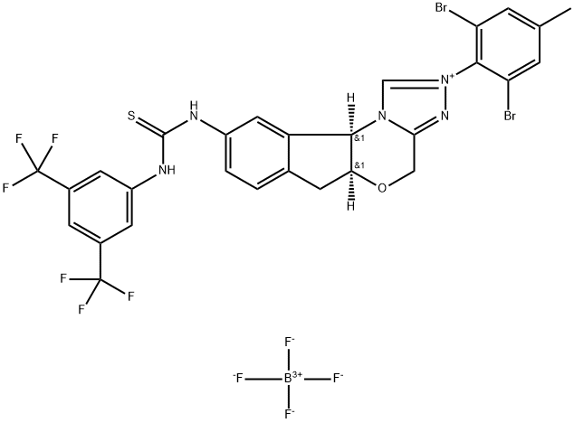 4H,6H-Indeno[2,1-b][1,2,4]triazolo[4,3-d][1,4]oxazinium, 9-[[[[3,5-bis(trifluoromethyl)phenyl]amino]thioxomethyl]amino]-2-(2,6-dibromo-4-methylphenyl)-5a,10b-dihydro-, (5aS,10bR)-, tetrafluoroborate(1-) (1:1) Struktur